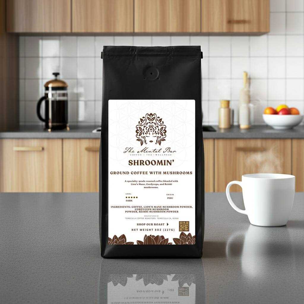 Coffee bag labeled 'Shroomin' with a kitchen background