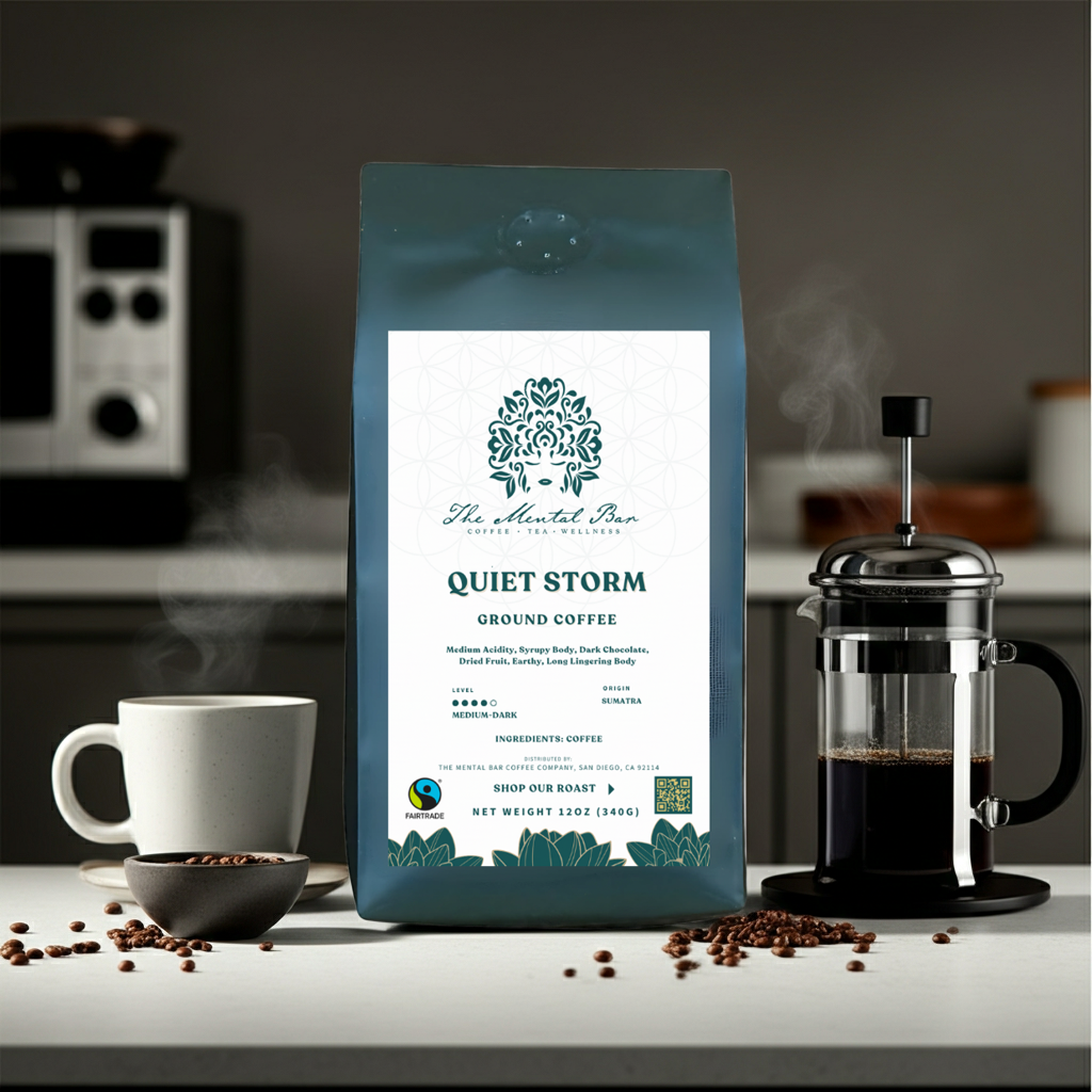 Coffee bag labeled 'Quiet Storm' with a coffee cup, beans, and French press in a kitchen setting.