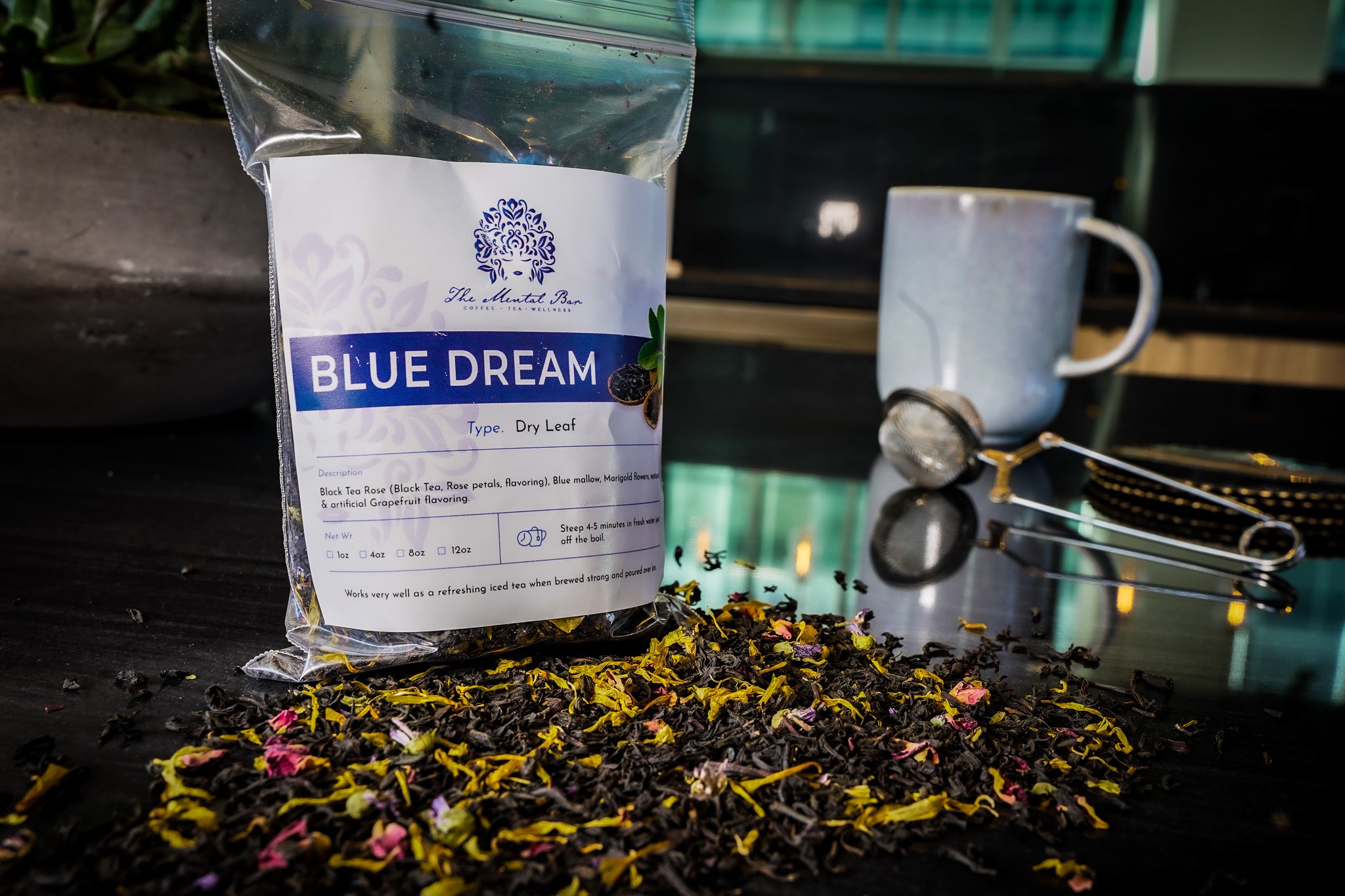 Blue Dream black tea blend with rose petals and grapefruit flavor.