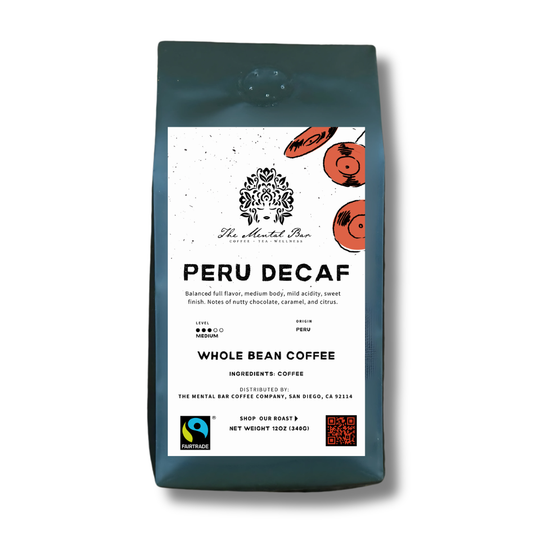 Coffee bag labeled 'Peru Decaf' with branding and certification logos on a white background