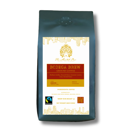 Bodega Brew Fair Trade Honduras medium-dark roast ground coffee 12 oz bag.