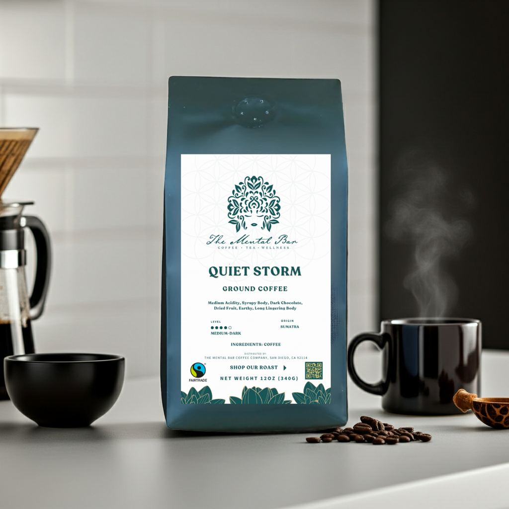 Coffee bag labeled 'Quiet Storm' with a coffee cup and beans on a kitchen counter.